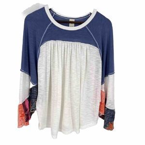 Free People Friday Fever Blouse Top Batwing Boho Patchwork Batik Trim Blue M
